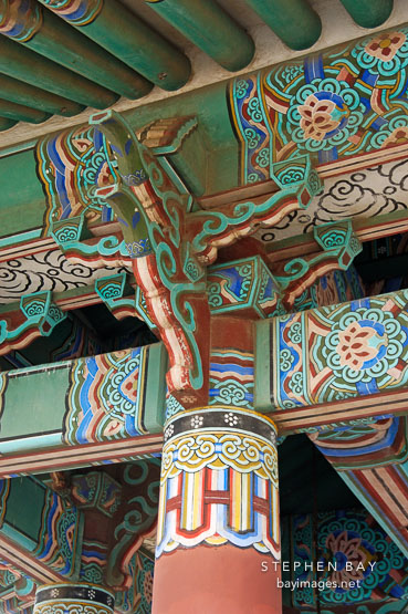 Detail on the Korean Friendship Bell pavilion. Angels Gate Park, San Pedro, Los Angeles, California, USA.