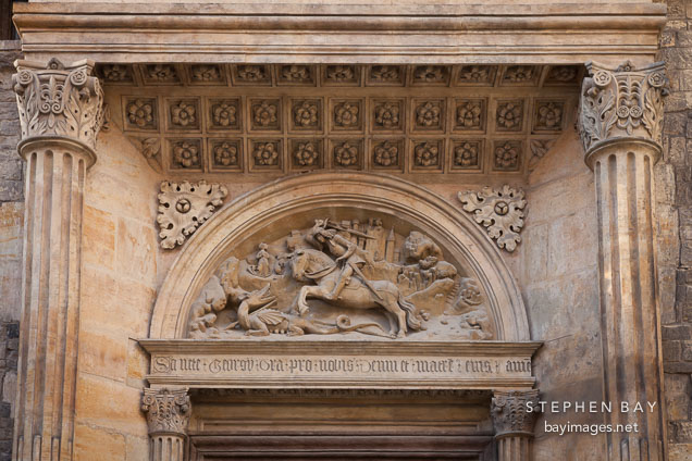 Relief of Saint George wielding the sword Ascalon to slay the Dragon. Prague Castle, Czech Republic.