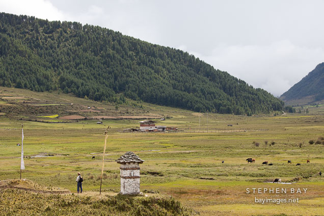 Hiker and Phobjikha Valley, Bhutan.