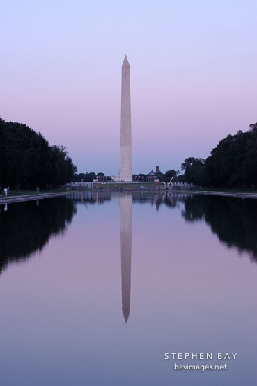 Washington Monument and reflecting pool at dusk. Washington, D.C.
