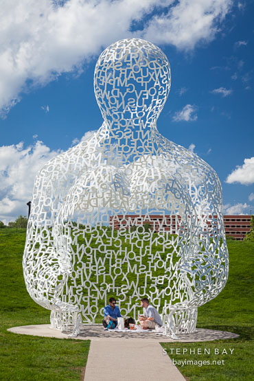 Two men enjoying lunch in the Pappajohn sculpture park. Des Moines, Iowa.