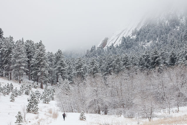 Man running in winter in Chautauqua Park. Boulder, Colorado.