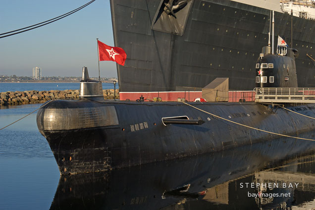 Russian submarine B-427 Scorpian in front of the Queen Mary. Long Beach, California, USA.