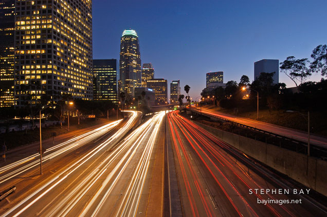 Harbor Freeway (110) and downtown skyline. Los Angeles, California, USA.