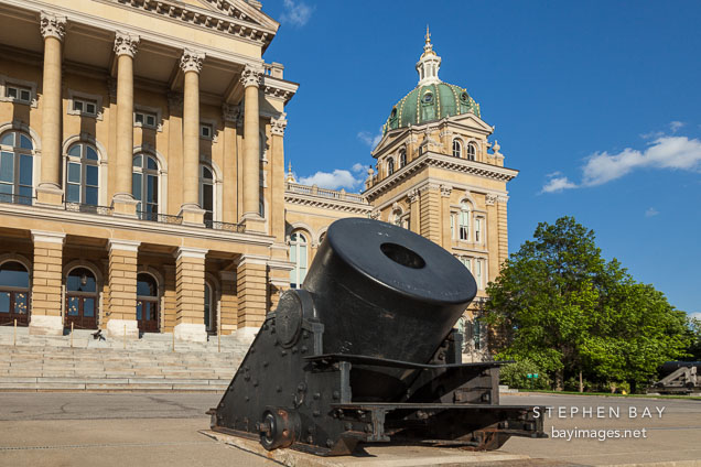 Civil war cannon on the steps of the State Capitol in Des Moines. The cannon is a 13 inch mortar, M1861, and was cast in the Fort Pitt foundry in 1861.