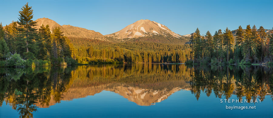 Panorama of Lake Manzanita and Mount Lassen. Lassen Volcanic National Park, Californa.
