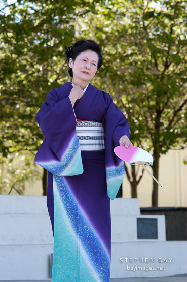 Japanese classical dance: Nihon Buyo Kiyonomoto Ryu. Cherry blossom festival, Japantown, San Francisco, California, USA.