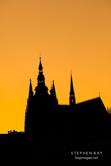 Sunset on Saint Vitus Cathedral. Prague, Czech Republic.