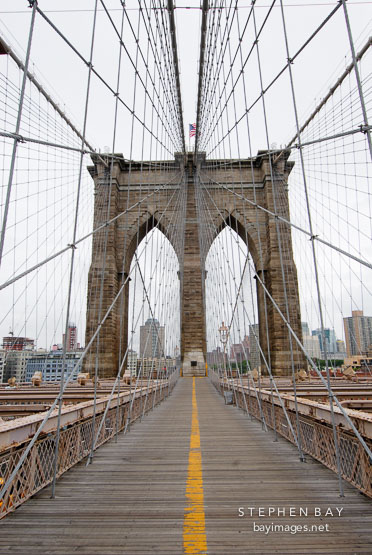 Steel cables and the Brooklyn Bridge. New York City, New York, USA.