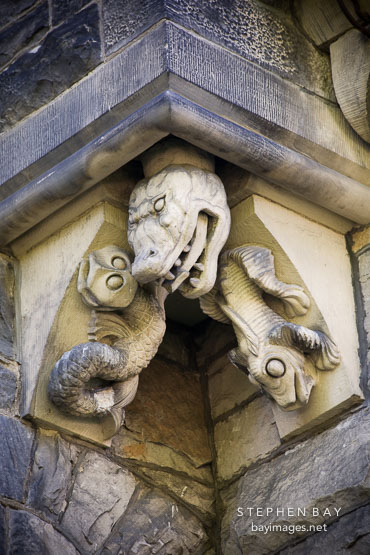 Architectural detail of a lizard, aligator, and fish on the University College building. Toronto, Canada.