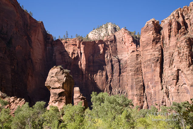 The Preacher and the Pulpit are two sandstone columns surrounded by the canyon walls. Temple of Sinawava, Zion NP, Utah.