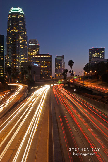 Harbor Freeway (110) and downtown skyline. Los Angeles, California, USA.