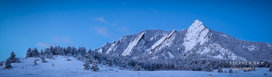 Panorama of the Flatirons taken during the winter in Chautauqua Park. Boulder, Colorado.