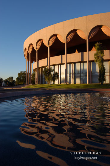 Grady Gammage Memorial Auditorium with reflection in pool of water. Tempe, Arizona.
