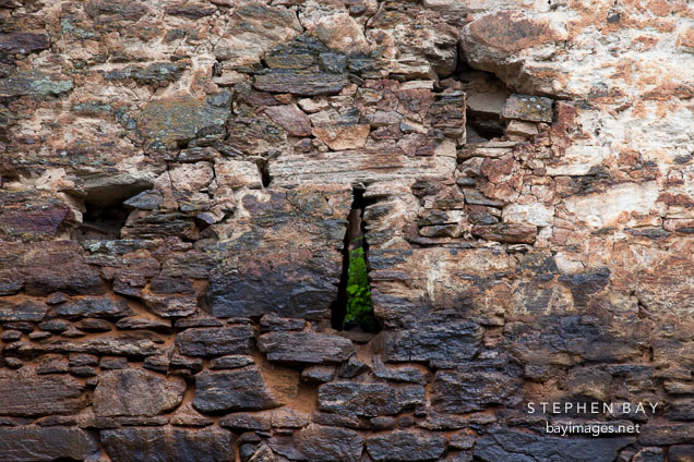Triangular arrow slit on the walls of Drukgyal Dzong. Paro, Bhutan.