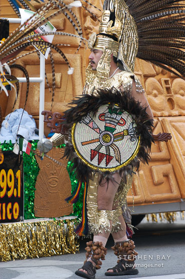 Aztec warrior at the San Jose Holiday Parade. San Jose, California, USA.