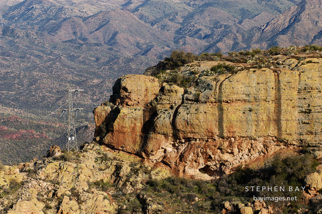Transmission tower at Fish Creek Hill, Tonto National Forest. Apache Trail, Arizona, USA.