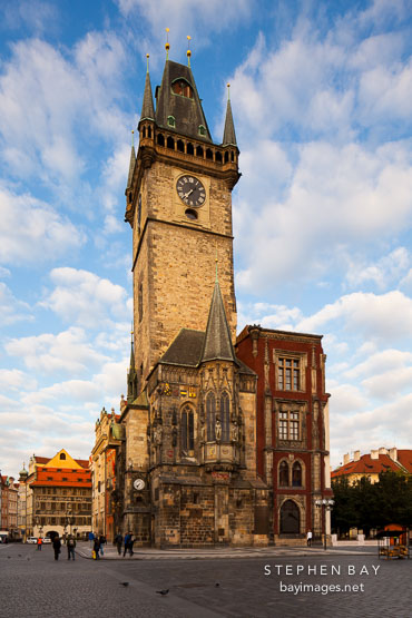 Old town hall tower at sunrise. Prague, Czech Republic.