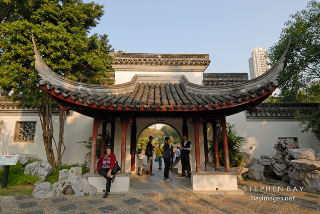View from Guibi back to Fui Sing Pavilion. Kowloon walled city park. Hong Kong.