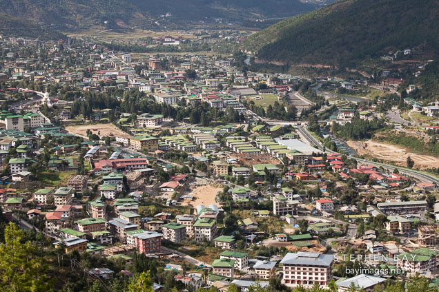 Thimphu is a mix of apartment blocks, family homes and businesses. Thimphu, Bhutan.
