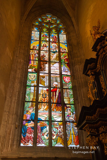 Stained glass window in Saint Barbara Cathedral depicting the visit of Emperor Franz Joseph II. Kutna Hora, Czech Republic.