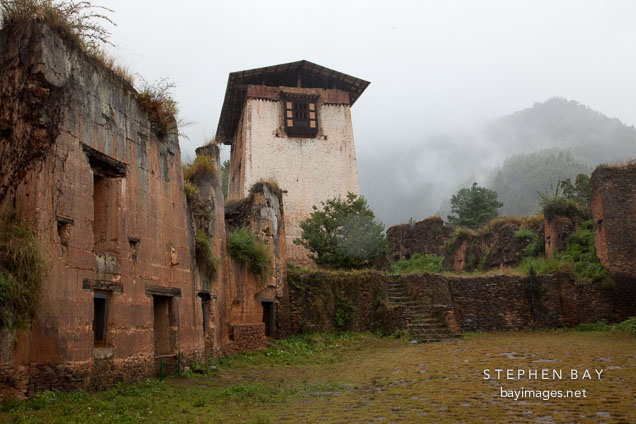 Main tower of Drukgyal Dzong and ruined wall. Paro, Bhutan.