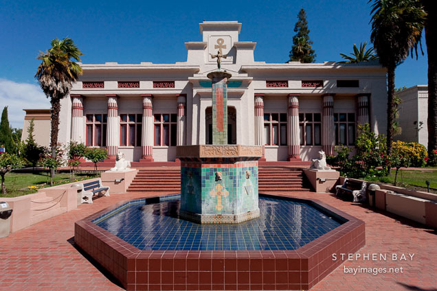 Fountain and temple at the Rosicrucian Egyptian Museum. San Jose, California.