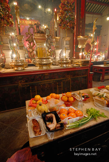 Food offering at Man Mo Temple. Hong Kong, China.