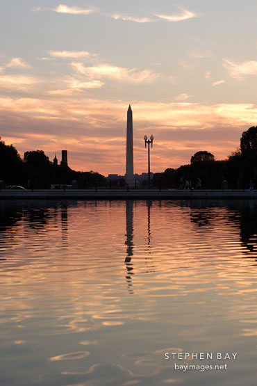 Reflection of the Washington Monument in the Capitol reflecting pool at sunset. Washington, D.C.