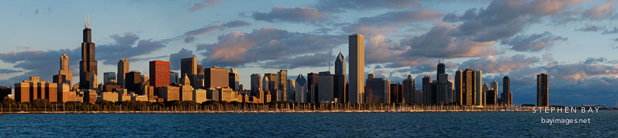 Panorama of the Chicago skyline at dawn. Chicago, Illinois, USA