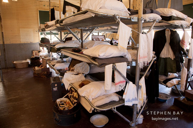 Women's sleeping quarters with bunk beds. Detention center, Angel Island.