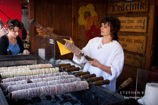Trdelnik, a traditional cake and sweet pastry. Prague, Czech Republic.