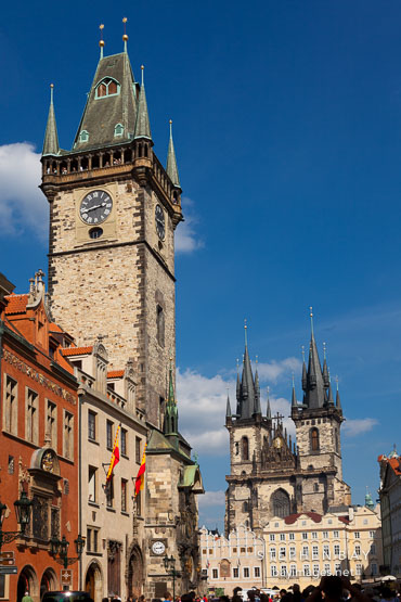 View of the Town Hall Tower and Tyn Church. Prague, Czech Republic.