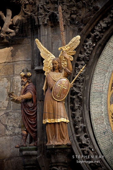 Figure of an Angel and Chronicler on the Astronomical Clock. Prague, Czech Republic.