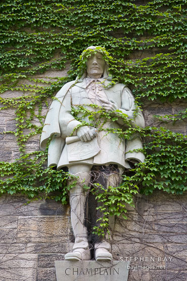 Sculpture of Samuel de Champlain on the Archives and Canadiana Building. Toronto, Canada.