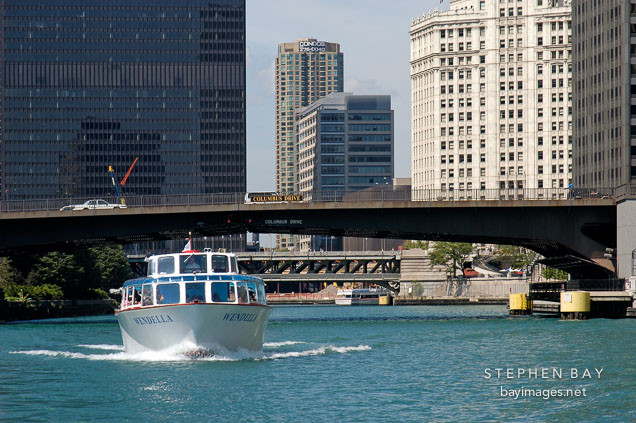 Boat on the Chicago river. Chicago, Illinois, USA.