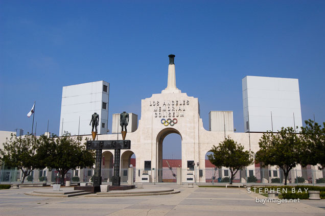Los Angeles Memorial Coliseum and Olympic Gateway by Robert Graham. Exposition Park, Los Angeles, California, USA.