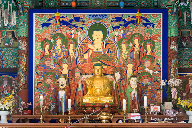 Altar with statues of Buddha at the Bongeunsa Temple in Seoul, South Korea.