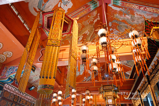 Interior of Po Lin Monastery. Ngong Ping, Lantau Island, Hong Kong, China.