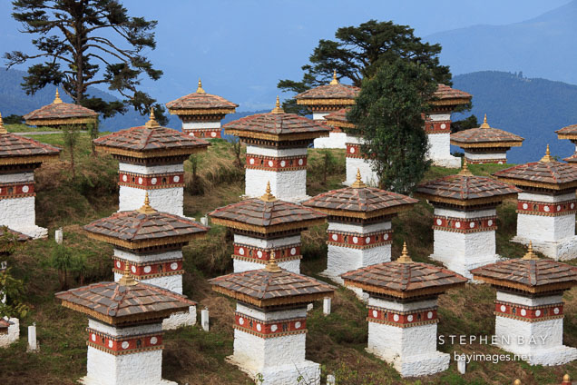 The 108 chorten sit on a knoll at Dochu La pass, Bhutan.