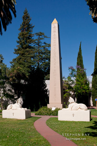 Obelisk with two sphinxes at Rosicrucian Park. San Jose, CA.