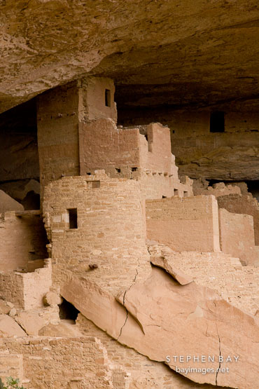 Cliff Palace was constructed out of sandstone, mortar, and wooden beams. Mesa Verde, Colorado.