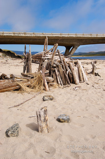 Driftwood hut at Pescadero state beach, California, USA.