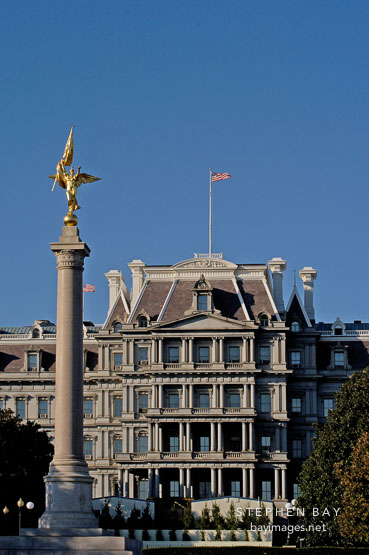 First Division Monument sits in front of the Dwight D. Eisenhower Executive Office Building. Washington, D.C., USA.