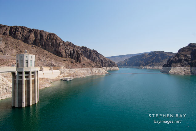 Intake tower and Lake Mead reservoir. Hoover Dam, Nevada and Arizona, USA.