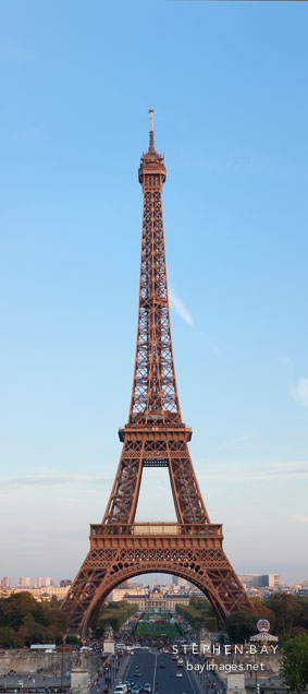 Vertical panorama of the Eiffel Tower in the late afternoon. Paris, France.