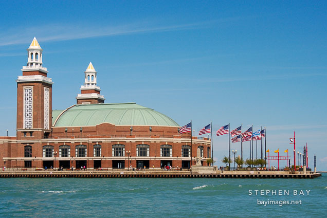Grand ballroom at the Navy Pier as seen from the lake. Chicago, Illinois, USA.