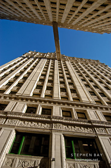 Looking up between the south and north tower of the Wrigley Building. Chicago, Illinois, USA.