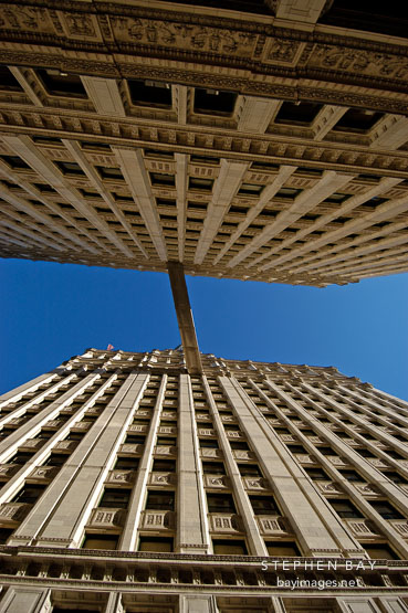 Between the north and south towers of the Wrigley Building. Chicago, Illinois, USA.