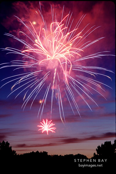 Fireworks in a blue sky. Foster City, California.